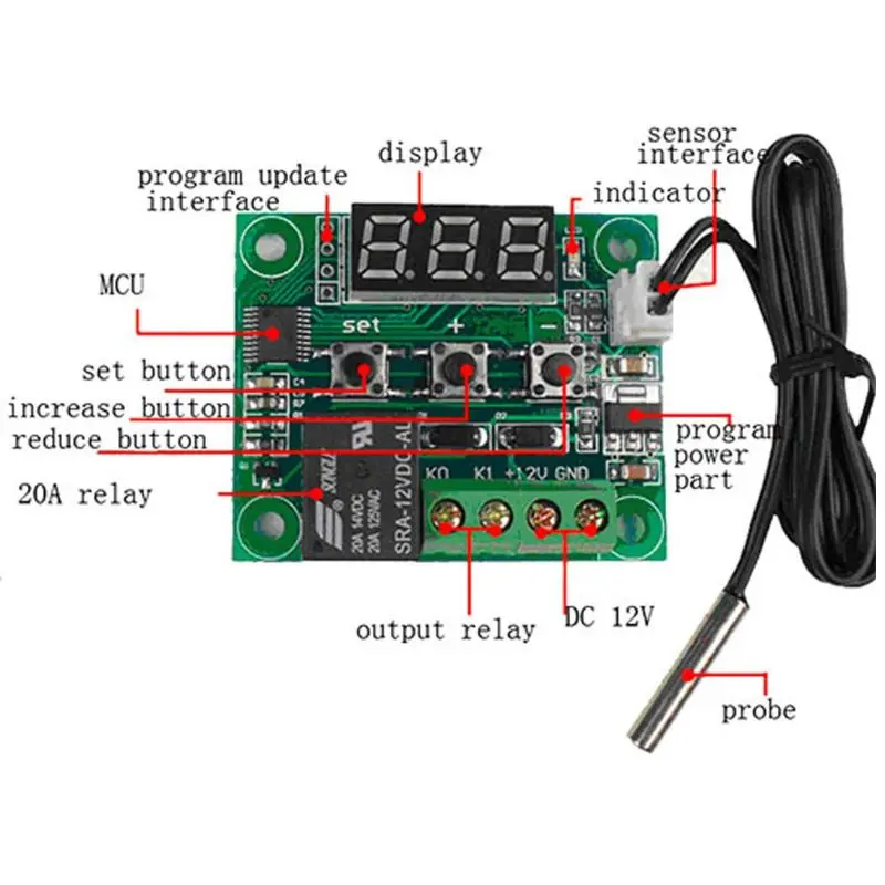 W1209 - Temperature Control Switch -50C To 110C 12Vdc Relay 20A/125Vac 1