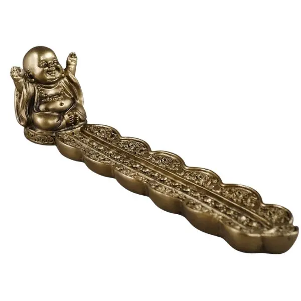 22-906 - Laughing Buddha Golden Incense Stick Holder 8X2x2in 1