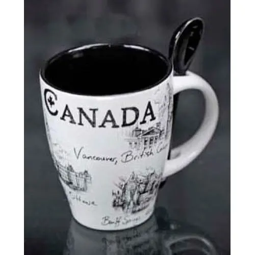 00611 - Canada Souvenir Mug W/Spoon Black/White 1