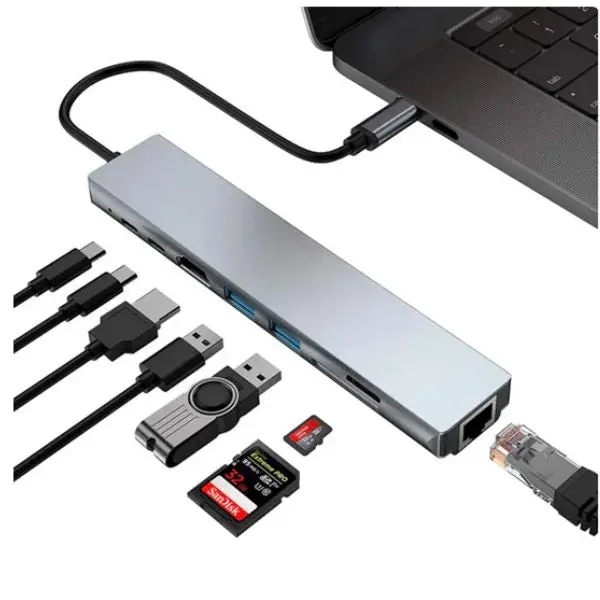 Amtf-4819 - Usb C To 8 In 1 Hdmi Ethernet Usb 3.0/2.0 Card Reader Hub 2