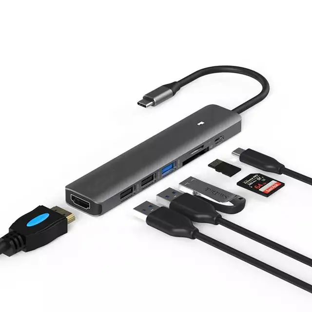 Hc703 - Usb C To 7 In 1 Hdmi Ethernet Usb 3.0/2.0 Card Reader Hub 1
