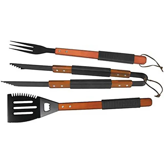 812-9024F - Bbq Tool Set Wooden Handles With Rubber Grip 3Pcs/Set 1