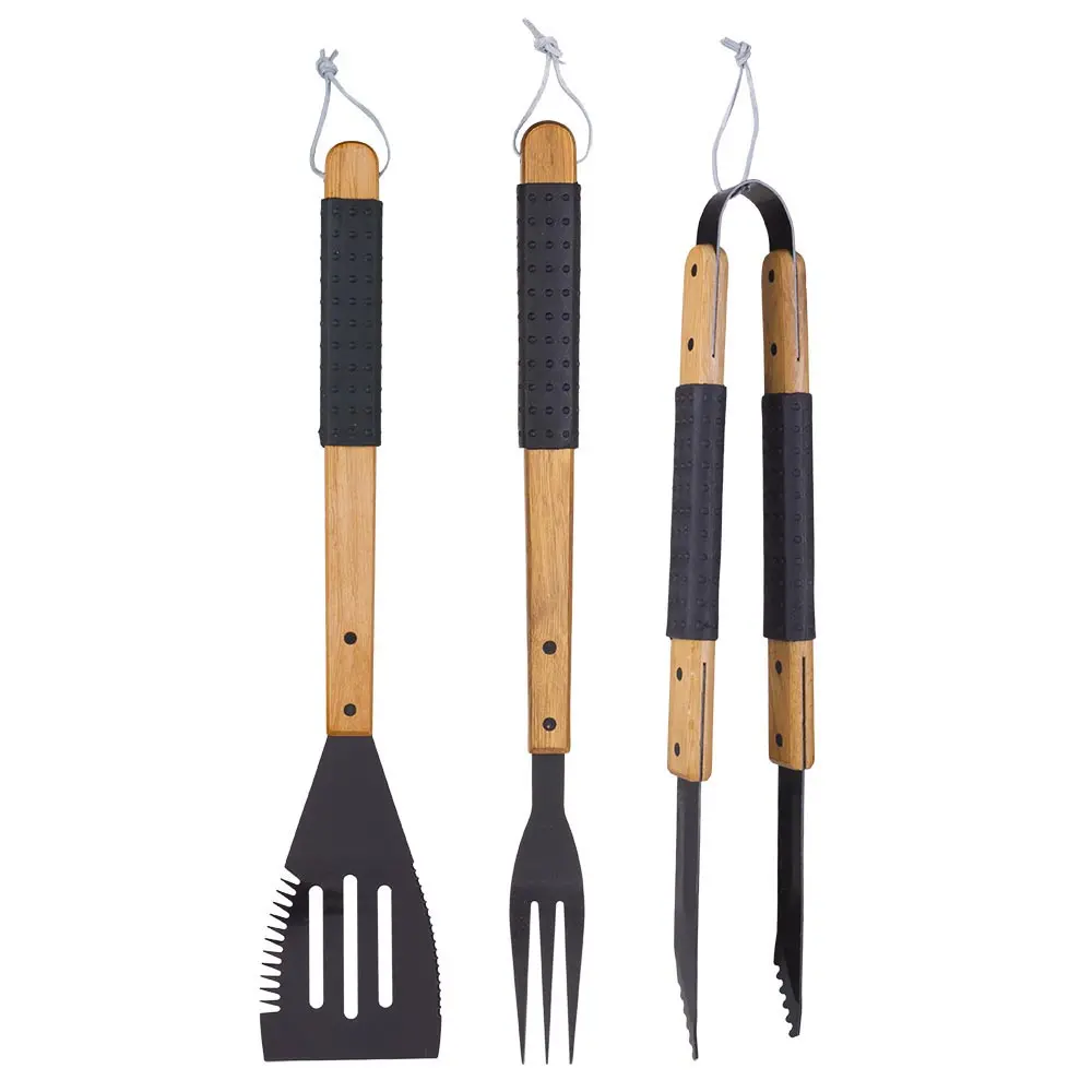 02162Ynst - Bbq Tool Set Wooden Handles With Rubber Grip 3Pcs/Set 1