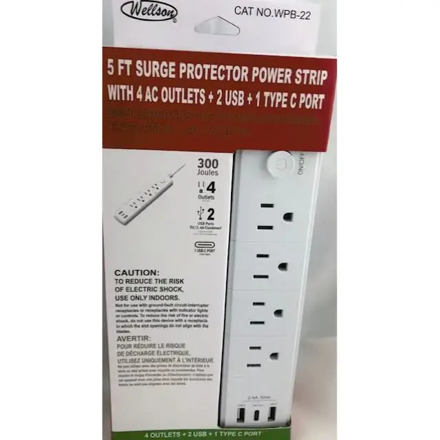Wpb-22 - Power Bar 4 O/Let With 2Xusb And 1Xtype C Port 5Ft Cord 300Joules 1