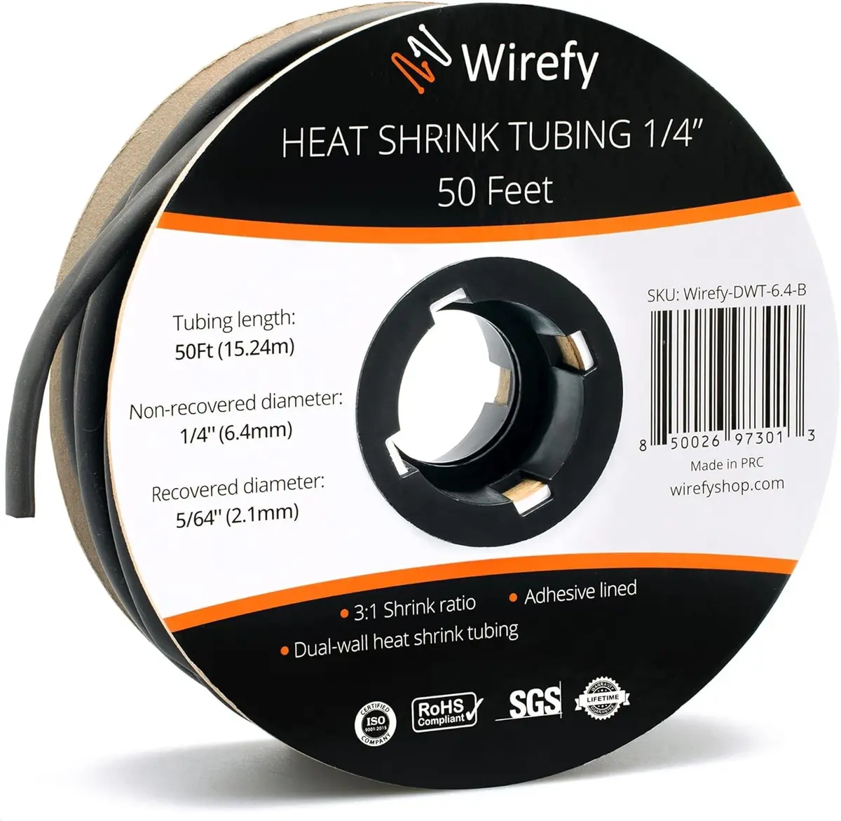 Wirefy-Dwt-6.4-B - Tubing Hst 1/4Inx50ft Dw Blk 3:1 Roll W/Adhesive 1