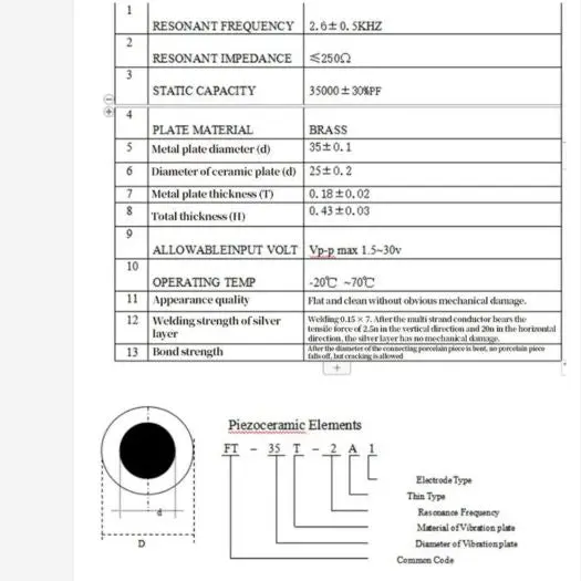 Atfm-6055 - Piezo Ceramic Element 35Mm With Wires 2.6Khz <=250 Ohms 1.5-30V 2